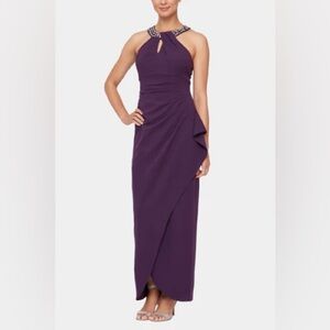 Women's Long Crepe Dress with Embellished Halter Neckline